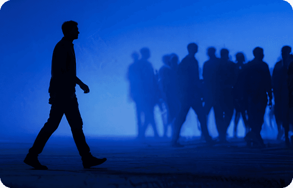 Silhouette of person walking with crowd in background