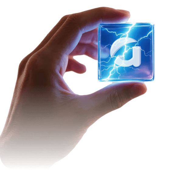 Hand holding glowing cube with lightning effect